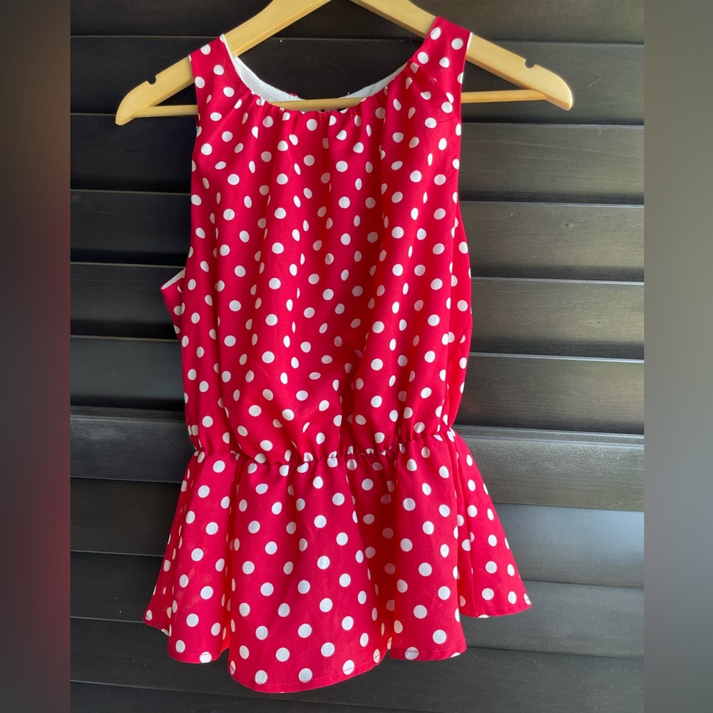 Sleeveless Peplum Blouse Red with White Polka Dots Size Medium